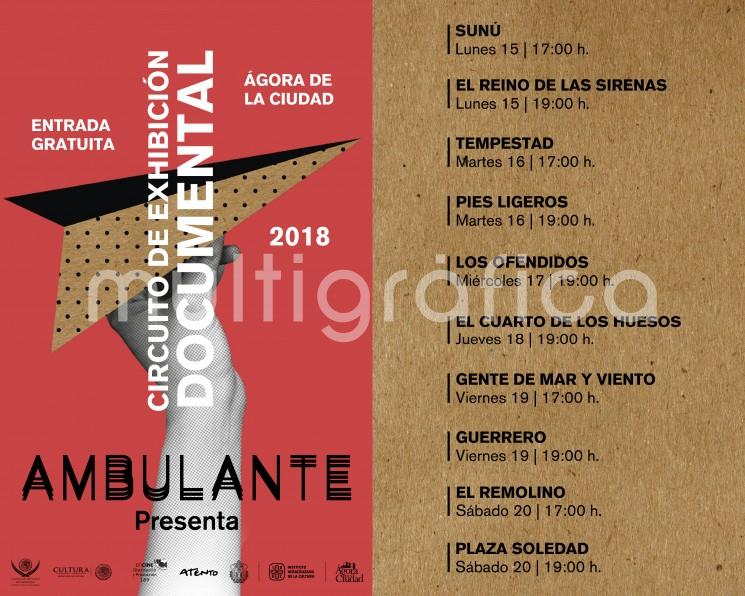 El programa de documentales Ambulante Presenta en su gira 2018 que realizará del 15 al 20 de octubre en El Ágora de la Ciudad. Las funciones serán a las 17:00 y 19:00 horas con entrada totalmente gratuita. 
