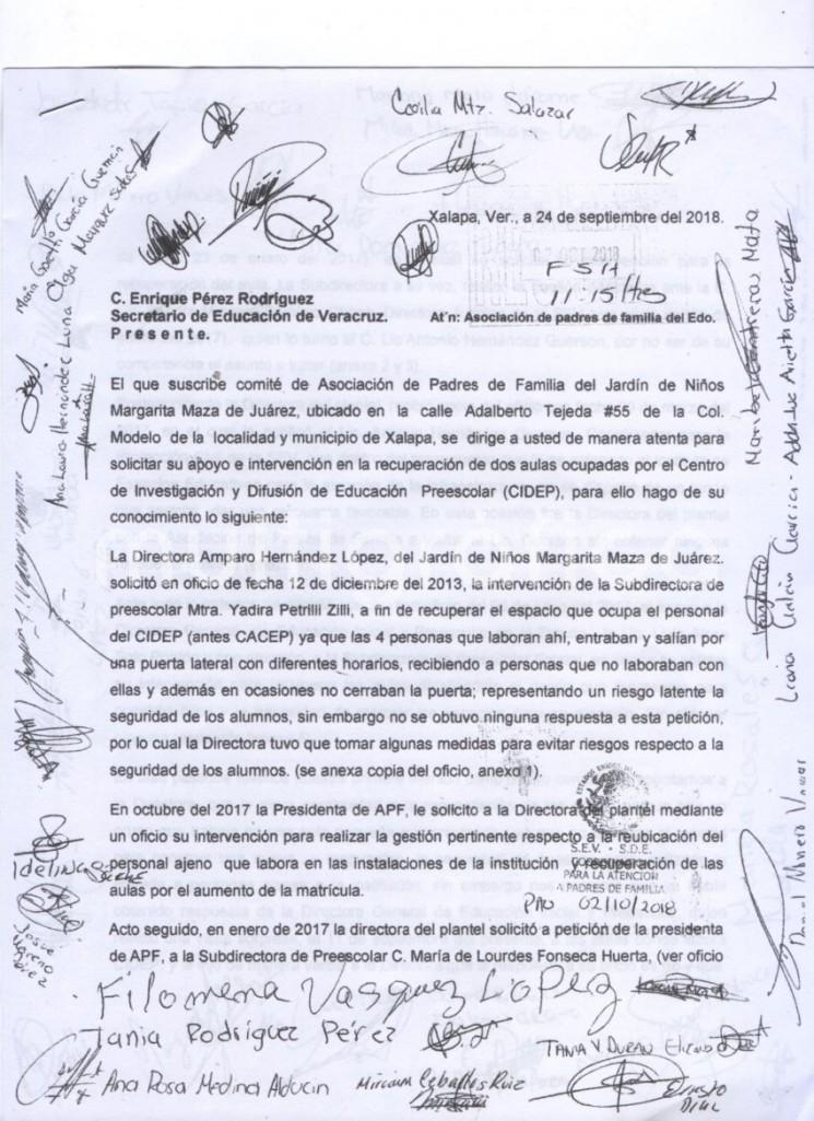 Desde hace varios años padres de familia del Jardín de Niños Margarita Maza de Juárez, ubicado en la Col. Modelo de Xalapa, Ver, buscan la devolución de dos aulas ocupadas como oficinas del Centro de Investigación y Difusión de Educación Preescolar, lo que además de quitarles espacio, expone a los niños al acceso a las instalaciones a personas ajenas al plantel. El más reciente oficio dirigido a la SEV espera aún respuesta.  