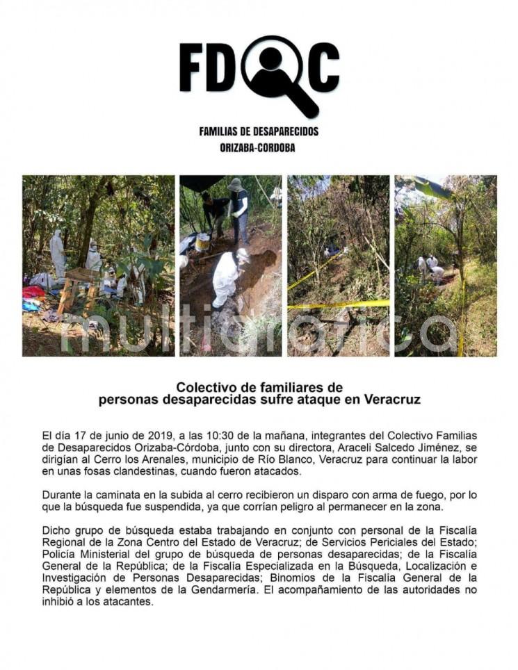 Mediante un comunicado el Colectivo de familiares de personas desaparecidas Orizaba-Córdoba, dio a conocer que sufrieron un ataque el día 17 de junio de 2019, a las 10:30 de la mañana, esto cuando integrantes del colectivo junto con su directora, Araceli Salcedo Jiménez, se dirigían al Cerro los Arenales, para continuar la labor de búsqueda en unas fosas clandestinas.