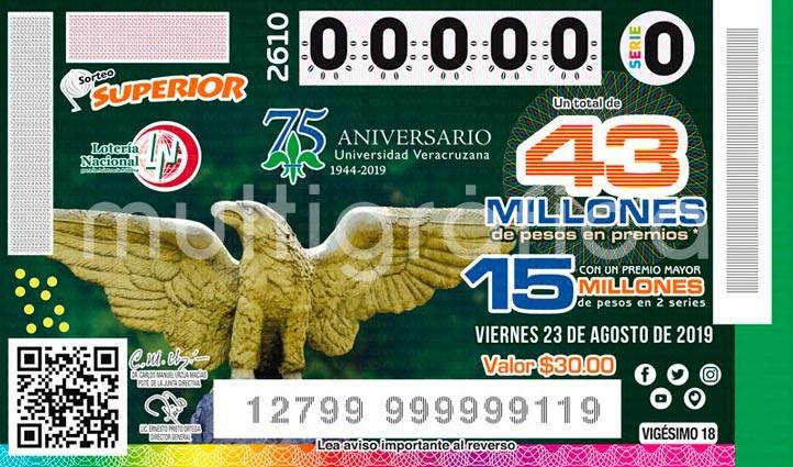 La Lotería Nacional dedicó billete al 75 aniversario de la Universidad Veracruzana. El sorteo se llevará a cabo el 23 de agosto, tendrá una bolsa total de 43 millones 275 mil 600 pesos, y ofrecerá un total de 12 mil 896 premios y reintegros.