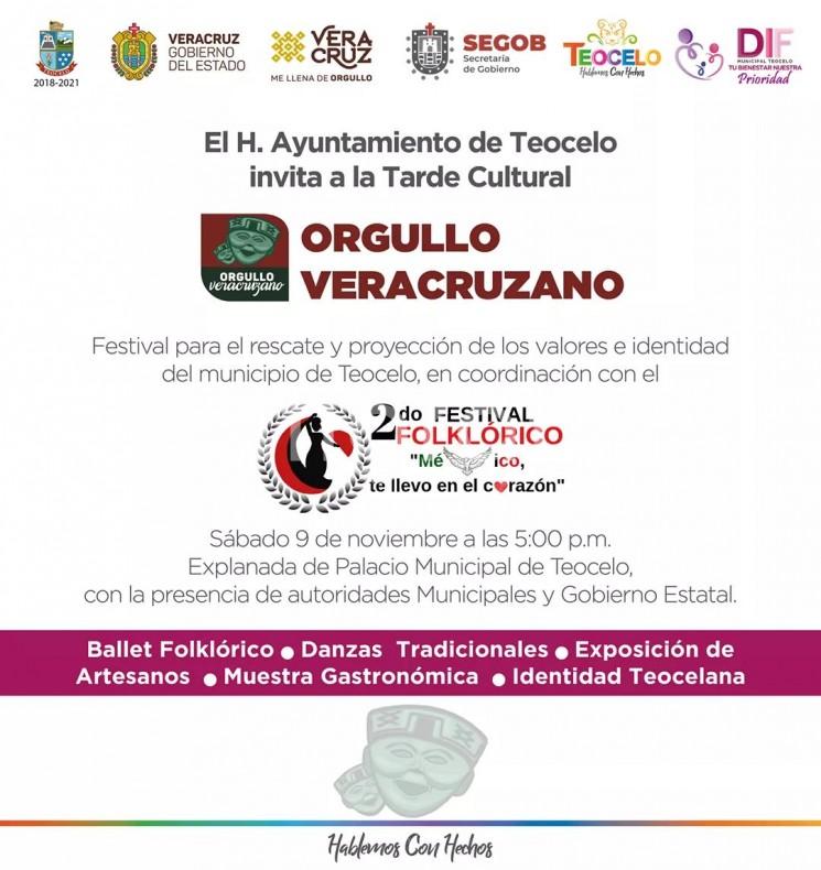 El Ayuntamiento de Teocelo, Ver., invita al 2do Festival Folklórico, México te llevo en el Corazón, que tendrá lugar este sábado  9 de noviembre en la explanada del Palacio Municipal de ese municipio.