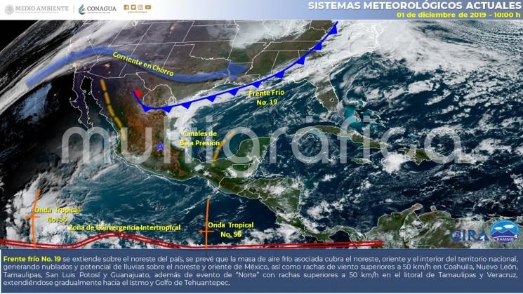 El Frente Frío núm. 19 se aproxima a la región de Los Tuxtlas a esta hora, previéndose alcance el sur de la entidad esta tarde donde tenderá a estacionarse.