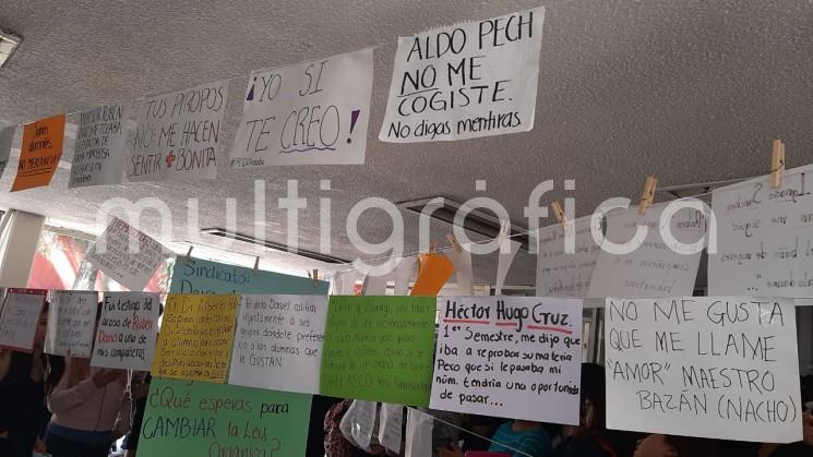 Este jueves estudiantes de la Facultad de Ciencias Químicas de la Universidad Veracruzana campus Orizaba, instalaron el <em>tendedero del acoso</em>, denunciando la situación de acoso que padecen por parte de maestros y personal.  