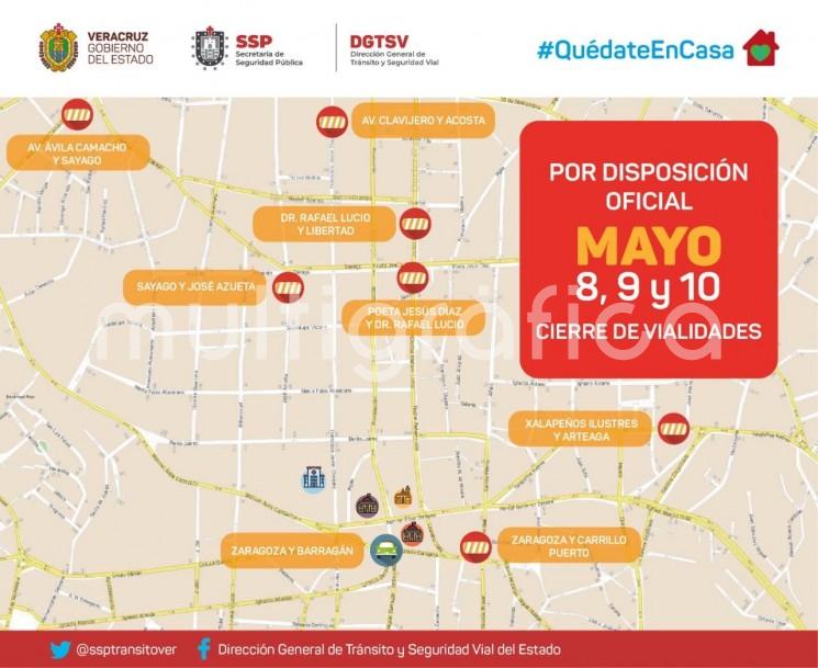 Para reducir la movilidad de la población, la SSP realizará cortes a la circulación vehicular en los municipios de Xalapa, Veracruz, Boca del Río, Poza Rica y Coatzacoalcos, los días 8, 9 y 10 de mayo.