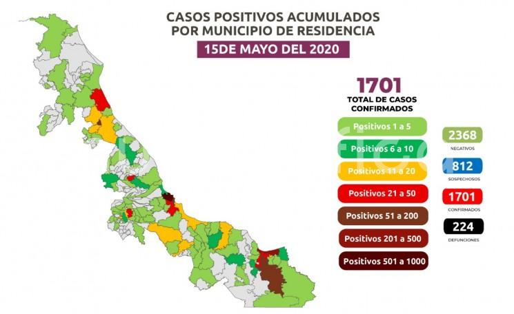 El número de positivos es mil 701 en 106 demarcaciones, y 224 defunciones.