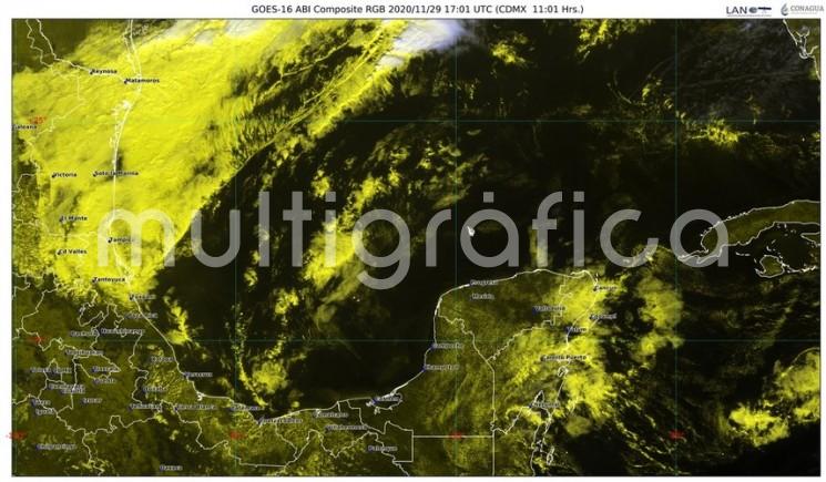 Frente frío núm. 17 cruza esta mañana el sur de Tamaulipas, se prevé recorra lentamente el estado de Veracruz entre esta mañana domingo 29 y el mediodía del lunes 30; detrás del frente su masa polar invade el norte y noreste, esperándose se extienda al este y sureste del país, así como al Golfo de México. 