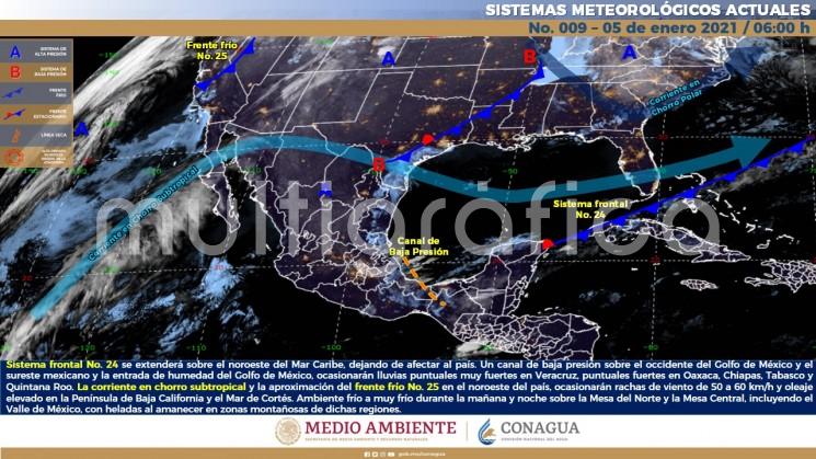  Se espera que el probable Frente núm. 25 ingrese al noroeste del Golfo de México la tarde del miércoles 6, e inicie su recorrido por el norte del estado de Veracruz desde las primeras horas del jueves 7, alcance el centro por la mañana y la zona sur al mediodía de ese día. 