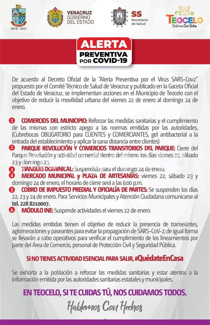 se implementan acciones en el Municipio de Teocelo con el objetivo de reducir la movilidad urbana del viernes 22 de enero al domingo 24 de enero.