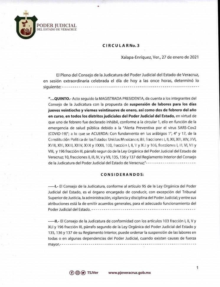 Para garantizar la salud de las y los trabajadores del Poder Judicial de Veracruz, abogados, así como de los justiciables, el Consejo de la Judicatura acordó la suspensión de actividades en las Ciudades Judiciales de la Entidad del jueves 28 de enero al martes 2 de febrero del 2021, para hacer frente al decreto Alerta Preventiva por el virus SARS-Cov2 (Covid-19).