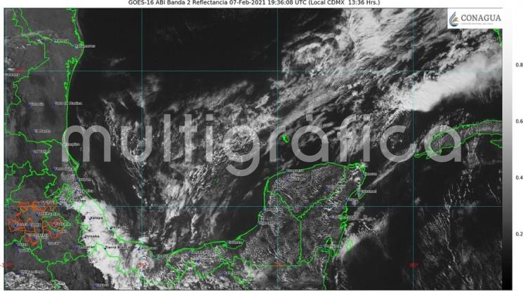 El frente frío núm. 34 avanza hacia el sureste, siendo probable alcance la zona sur la entidad esta tarde, para posteriormente estacionarse y retornar como un frente cálido hacia el norte del Golfo de México entre esta noche y mañana lunes 8.