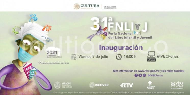 El Instituto Veracruzano de la Cultura invita a seguir la transmisión de la ceremonia de inauguración de la 31ª Feria Nacional del Libro Infantil y Juvenil Xalapa 2021, que se llevará a cabo este viernes 9 de julio a las 18:00 horas, a través de las redes sociales @IVECFerias y @IVECoficial.