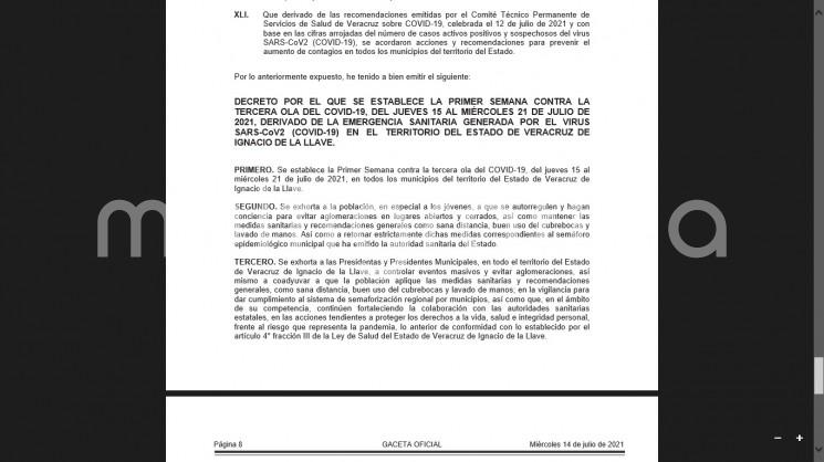 Ante la emergencia sanitaria por el aumento de casos de infectados por el virus SARS-CoV2 en el Estado de Veracruz, el Gobernador Cuitláhuac García emitió un decreto por el que se establece del 15 al 21 de Julio,la Primer Semana contra la Tercera Ola del Covid- 19. 