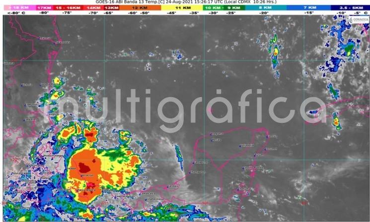 Sistemas meteorológicos y su previsión: vaguada del noroeste al centro del país, onda tropical núm. 23 con eje esta mañana sobre y al sur de la cuenca del Papaloapan, avance y posterior paso de la onda tropical 24 con eje actualmente sobre y al sur de Quintana Roo, apoyadas por el campo de vientos en altura, mantendrán las condiciones para lluvias fuertes acompañadas por tormentas (ráfagas de viento, actividad eléctrica y caída de granizo) en varias regiones del estado de Veracruz. 