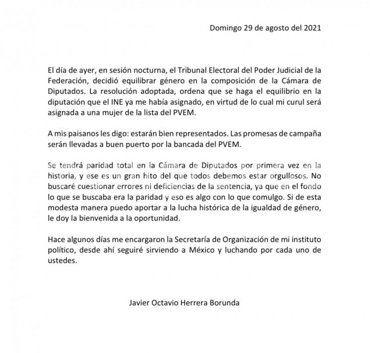 Por determinación del Tribunal Electoral del Poder Judicial de Federación, Javier Herrera Borunda no asumirá la diputación plurinominal que le correspondía, debido al equilibrio en cuanto a paridad de género que ha determinado el INE. El también Secretario de Organización del PVEM, asegura que los ciudadanos estarán bien representados. 