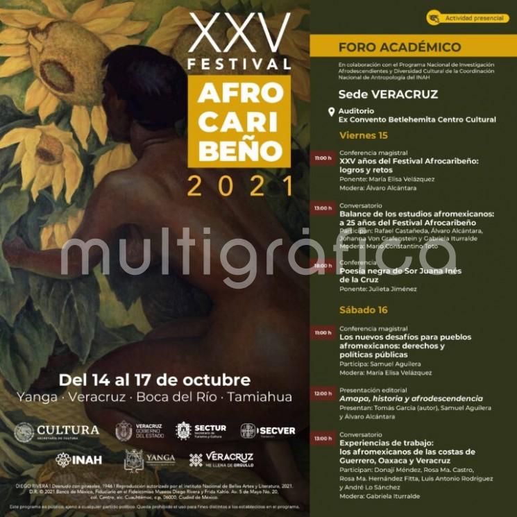 El Instituto Veracruzano de la Cultura presenta las actividades del foro académico del XXV Festival Afrocaribeño, que se realiza en coordinación con el Instituto Nacional de Antropología e Historia (INAH) y que tendrá lugar en modalidad presencial los días 15 y 16 de octubre, en el auditorio del Centro Cultural Exconvento Betlehemita.