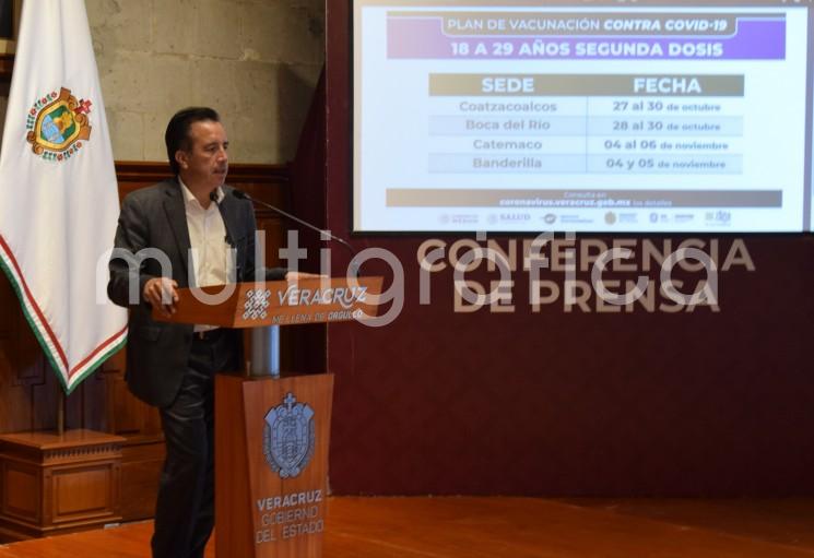 El gobernador Cuitláhuac García informó sobre la aplicación de la segunda dosis de la vacuna anti COVID para la <em>chaviza<em> en Coatzacoalcos (del 27 al 30 de octubre), Boca del Río (del 28 al 30 de octubre), Catemaco (4 al 6 de noviembre) y Banderilla (4 y 5 de noviembre).