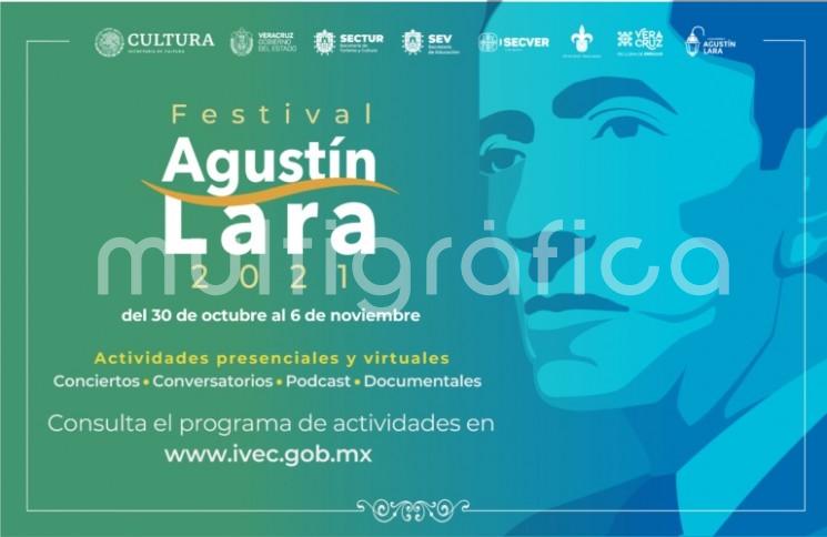 El Instituto Veracruzano de la Cultura invita a disfrutar del Festival Agustín Lara 2021, que se llevará a cabo en modalidad híbrida del 30 de octubre al 6 de noviembre, para conmemorar la vida y la obra del músico veracruzano. 