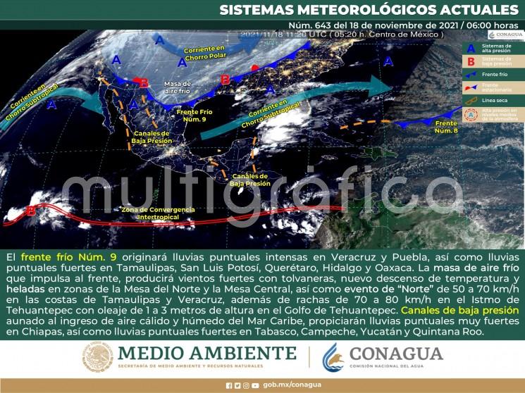  el frente frío 9 ha ingresado al noroeste del Golfo de México y se ubica desde un centro de baja presión en el sureste de Canadá hasta el norte de México, esperándose recorra el estado de Veracruz entre esta tarde y la tarde del viernes 19.