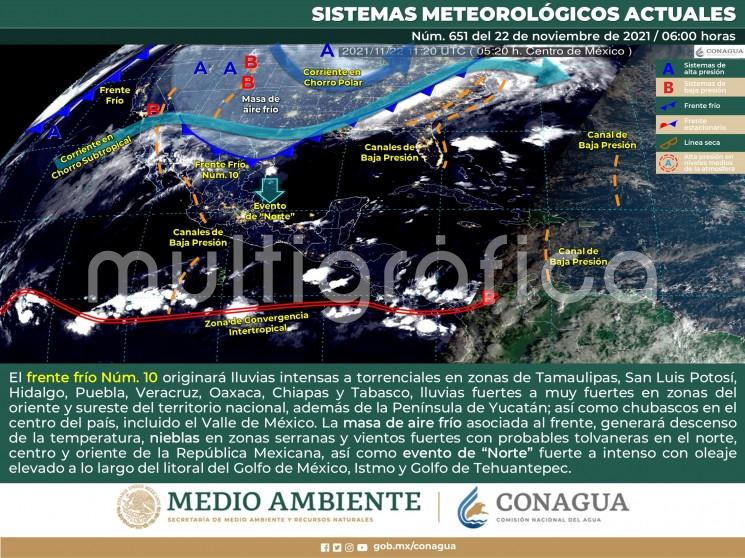 Sistemas meteorológicos y su previsión: Frente frío 10 ubicado desde el Noreste de los Estados Unidos hasta el sur de Chihuahua, México, cruza el centro de Tamaulipas, y se espera recorra lentamente el resto de esta entidad y el estado de Veracruz durante este lunes 22 y la tarde del martes 23, cuando se prevé se estacione sobre dicha zona.