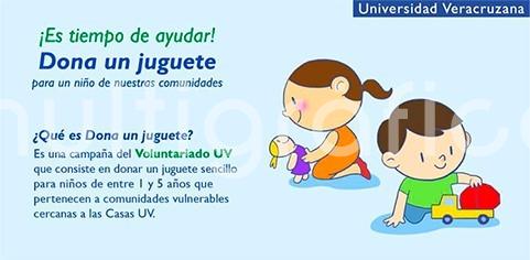 El Voluntariado de la Universidad Veracruzana (UV) invita a la comunidad universitaria y a la sociedad en general a participar en la campaña Dona un juguete, a través de la cual se recaudarán juguetes y cobijas que serán entregados a población infantil de comunidades vulnerables, cercanas a las Casas UV. 