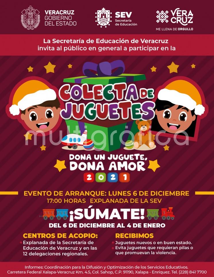  Con la finalidad de llevar sonrisas a niños de zonas vulnerables, la Secretaría de Educación (SEV) invita a participar en la campaña Dona un Juguete, dona amor, del 6 de diciembre al 4 de enero.