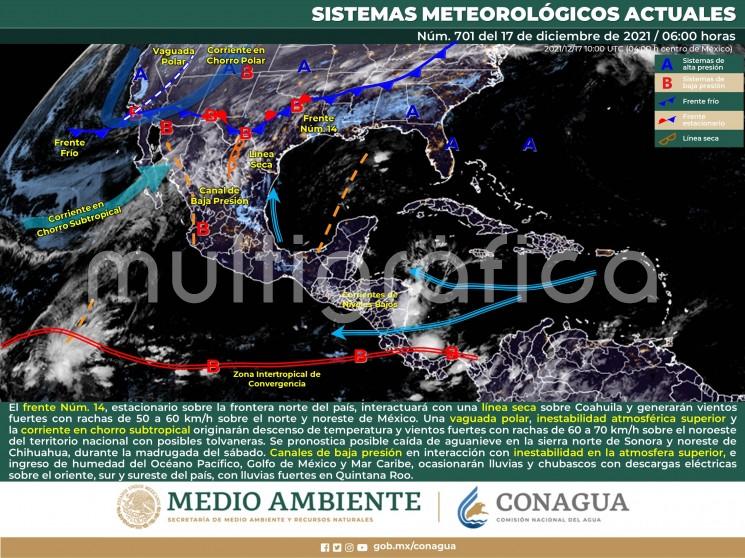 Cielo medio nublado con lluvias aisladas en Veracruz, Tabasco y Tamaulipas. Ambiente frío con bancos de niebla en zonas altas de la región durante la mañana. Viento del este y sureste de 15 a 30 km/h en Tabasco y evento de 