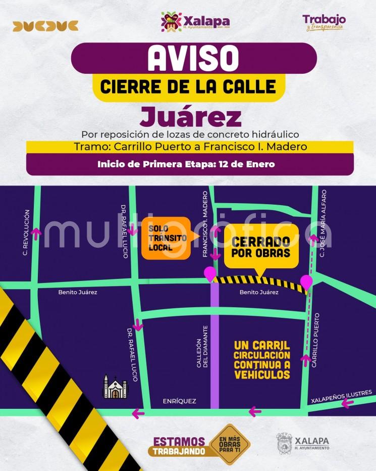 El H. Ayuntamiento informa a la ciudadanía xalapeña que el día de hoy, miércoles 12 de enero, inician los trabajos de reparación de losas de la calle Juárez, en la zona Centro.
