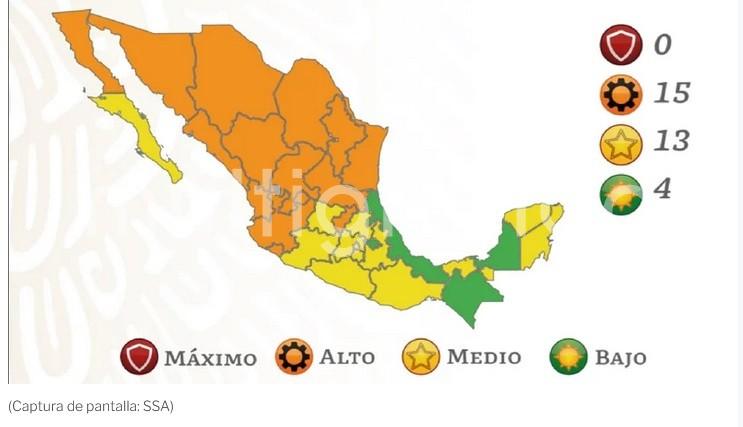 Con cuatro entidades federativas en color verde, 13 en amarillo, 15 en naranja y ninguna en rojo, el próximo lunes entra en vigor el Semáforo de Riesgo Epidémico COVID-19, que tendrá vigencia hasta el 20 de febrero, informa la Secretaría de Salud.