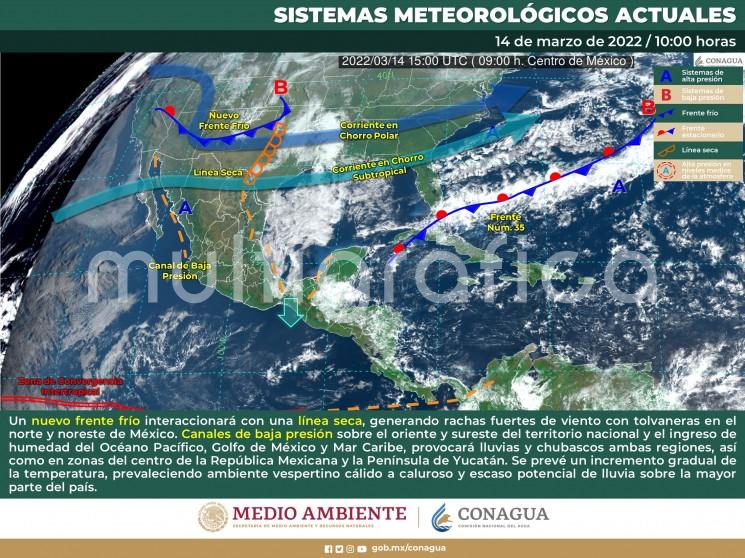 Un frente frío (posible 36)  es desarrollado e impulsado hacia el sureste por una masa de aire polar, esperándose ingrese al noroeste del Golfo de México en las primeras del martes 15, recorriendo con rapidez Tamaulipas, Veracruz y parte de la Península de Yucatán el mismo. 