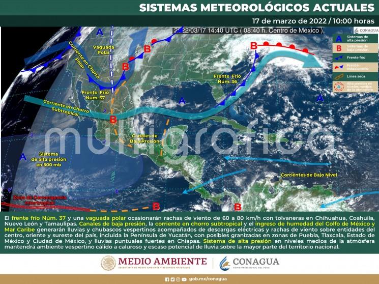 Jueves 17: Se establece evento de Surada por la tarde y noche con rachas de 50 a 60 km/h en regiones de Perote y Orizaba, y de 60 a 75 km/h en las regiones de Los Tuxtlas, Acayucan-Jesús Carranza, y menores en la costa norte, apoyando condiciones cálidas en todo el estado, y con probables lluvias y tormentas (posibles granizadas) por la tarde y noche en montañas del centro, donde los acumulados serían de 5 a 20 mm.