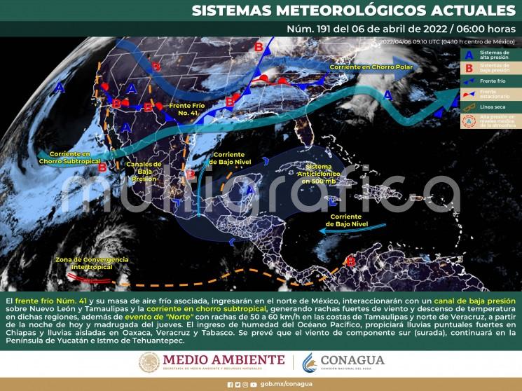  En el transcurso de esta mañana y el mediodía se espera que la Surada pierda intensidad en la regiones de Los Tuxtlas y cuenca del Coatzacoalcos, dando lugar a los efectos del frente frío 41 y su masa polar.  