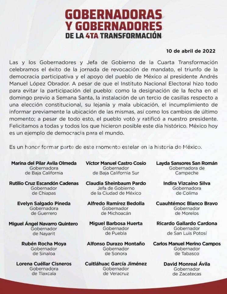 Comunicado de Gobernadores de Morena, respecto a jornada de consulta de Revocación de Mandato. 