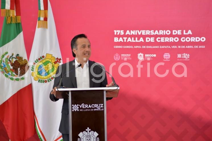 Al encabezar la ceremonia por el 175 aniversario de la Batalla de Cerro Gordo, el gobernador Cuitláhuac García Jiménez anunció el proyecto de erigir una bandera monumental en esta localidad, para que la gente recuerde el hecho histórico donde, en 1847, el Ejército mexicano defendió la soberanía combatiendo a las fuerzas estadounidenses.