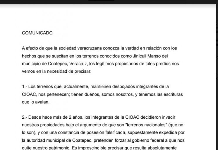 A través de un comunicado y luego de que integrantes de CIOAC se manifestaran en Xalapa, quienes se identifican como auténticos propietarios emiten un comunicado.