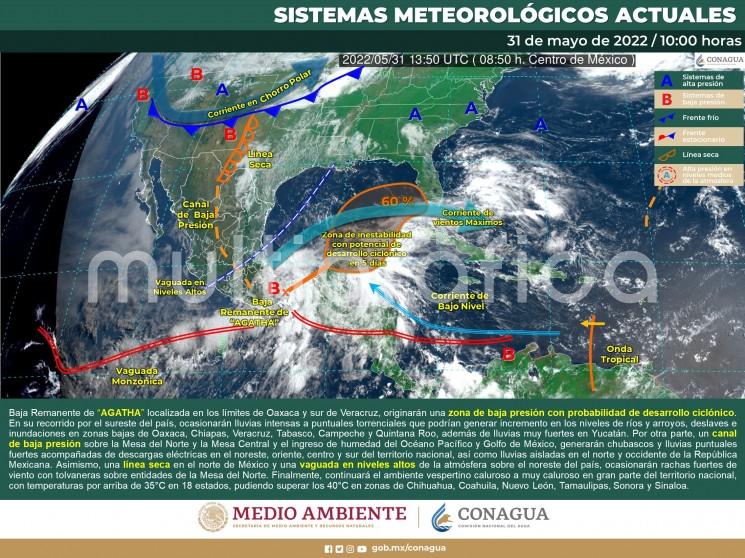 De acuerdo con el último pronóstico oficial del Centro Nacional de Huracanes, se espera que el ciclón  Agatha mantenga ese movimiento, disipándose esta tarde en la cuenca alta del Coatzacoalcos, Sin embargo, sus remanentes podrían dar lugar a otro sistema en el sureste del Golfo o noroeste del Caribe en los siguientes días.
