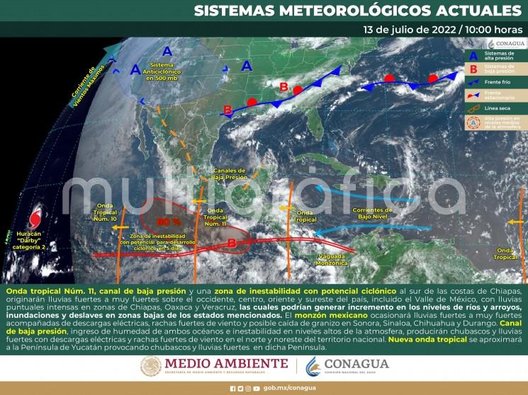 : El paso de las ondas tropicales 11 y 12 con ejes esta mañana al sur del oeste de Oaxaca y sur de las isla Gran Caimán respectivamente, además del desarrollo de vaguadas en el suroeste-oeste del Golfo de México, y con el apoyo de un campo de vientos divergente en la atmósfera superior, están dando lugar a un temporal lluvioso en el estado de Veracruz, el cual puede mantenerse hasta el sábado 16. 