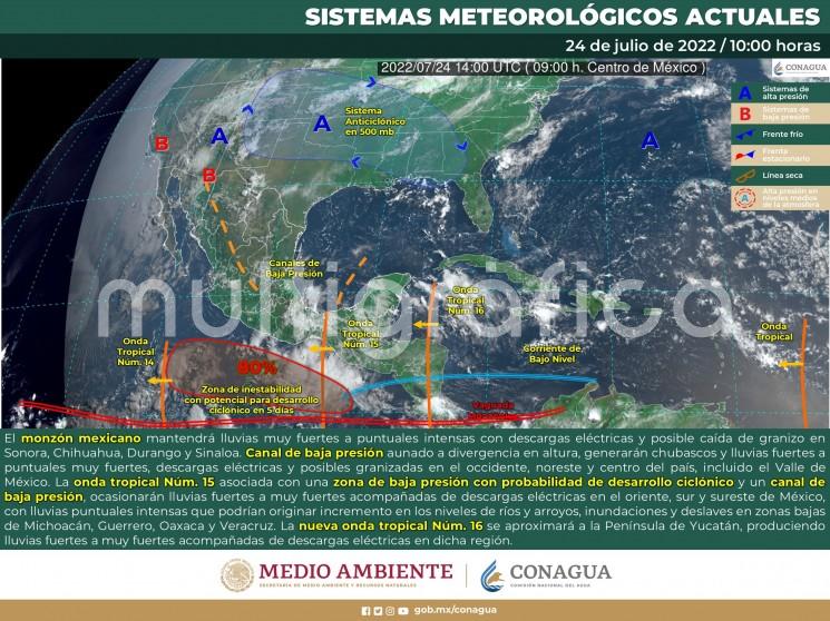 La onda tropical Núm. 15 recorrerá lentamente el sureste, oriente y sur de la República Mexicana. 