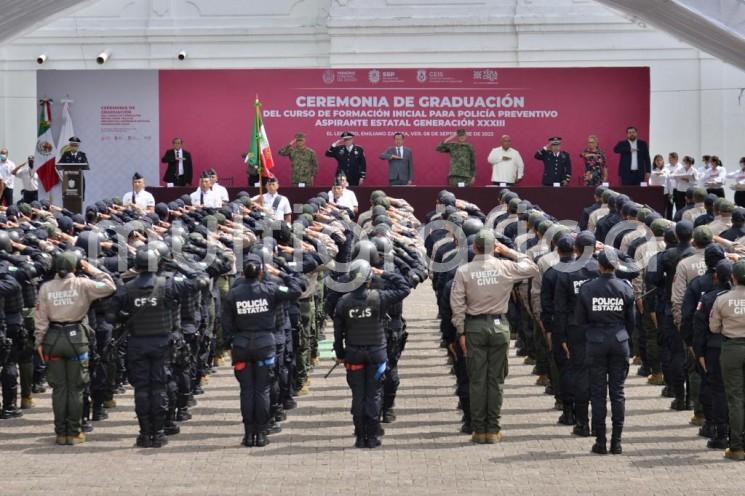  Listos para integrarse a los trabajos de protección y seguridad ciudadana en la entidad, 277 cadetes concluyeron el curso Formación Inicial para Policía Preventivo Aspirante Estatal, a cargo de la Secretaría de Seguridad Pública (SSP), convirtiéndose en la generación XXXIII.

