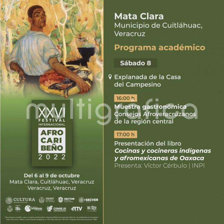 El Instituto Veracruzano de la Cultura llevará a cabo actividades del XXVI Festival Internacional Afrocaribeño en la comunidad de Mata Clara, del municipio de Cuitláhuac, Veracruz, los próximos sábado 8 y domingo 9 de octubre.