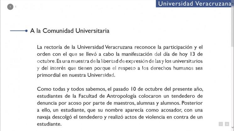 ... previa recepción y análisis de los elementos de prueba presentados por los estudiantes involucrados, el pleno de la junta determinó aplicar la sanción consistente en la expulsión del alumno de la Facultad de Antropología. 