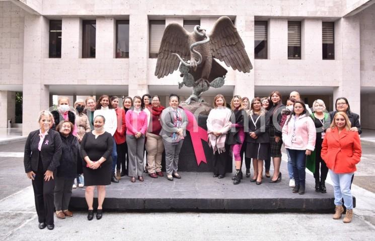 Con un llamado a la concientización y la prevención, integrantes de la LXVI Legislatura, encabezadas por las diputadas Illya Dolores Escobar Martínez y Cecilia Guevara, presidenta de la Mesa Directiva, conmemoraron el Día Internacional de Lucha contra el Cáncer de Mama, con la colocación del distintivo rosa en explanada del Palacio Legislativo.

