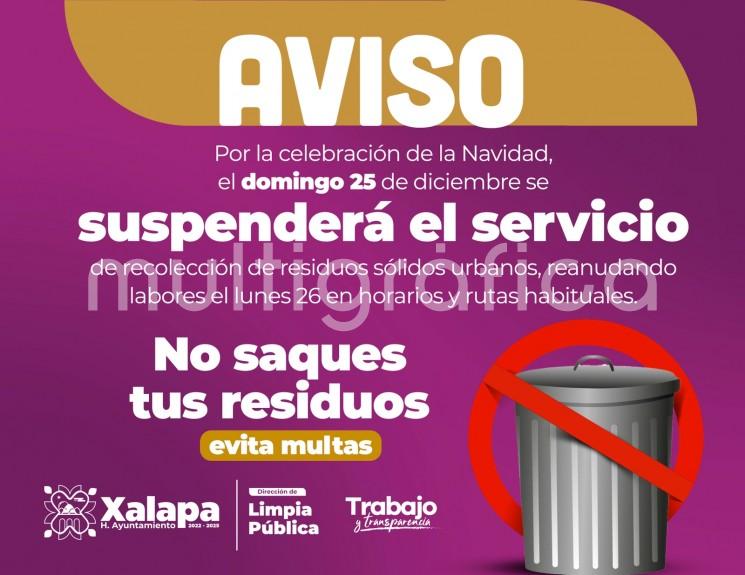 Para mantener una buena imagen urbana en el municipio durante esta temporada de fiestas decembrinas, el Ayuntamiento, a través de la Dirección de Limpia Pública, exhorta a la población a respetar los días de suspensión de labores y toques de campana para la recolección de residuos. 

