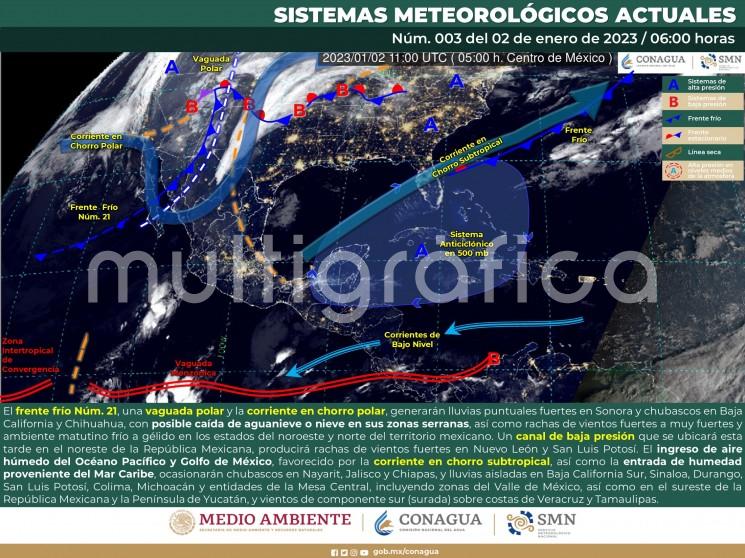 Un profundo sistema de baja presión en desarrollo, sobre el oeste-centro de los Estados Unidos, que aloja al frente frío 21, y se está moviendo hacia el este, estará favoreciendo un evento de Surada a partir de esta tarde-noche y hasta mañana martes 3 en varias regiones del estado de Veracruz, lo que a su vez ocasionará tiempo caluroso con probabilidad muy baja de lluvias.