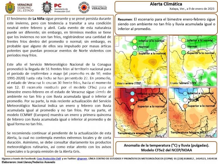 Resumen: El escenario para el bimestre enero-febrero sigue siendo con ambiente no tan frío y lluvia acumulada igual o inferior al promedio.