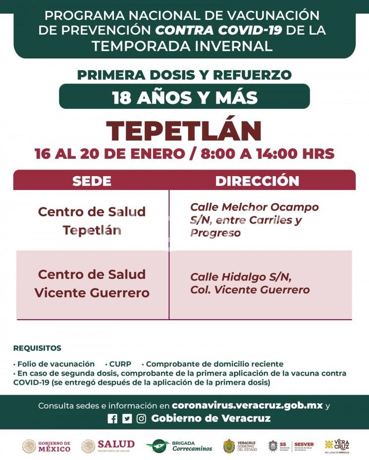 Del 16 al 20 de enero, la Secretaría de Salud aplicará el esquema primario completo o el refuerzo a mayores de 18 años de edad, dentro del Programa Nacional de Vacunación de Prevención contra COVID-19 de la Temporada Invernal en centros de salud, de las 08:00 a las 14:00 horas en 158 municipios. 