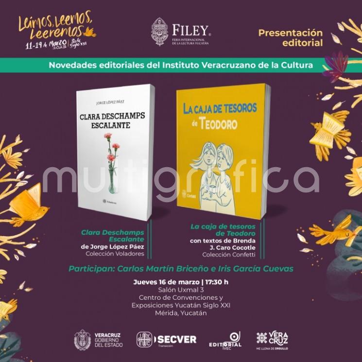 El Instituto Veracruzano de la Cultura participa en la 11ª Feria Internacional de la Lectura Yucatán, que se realizará del 11 al 19 de marzo en el Centro de Convenciones y Exposiciones Yucatán Siglo XXI, en la ciudad de Mérida. 