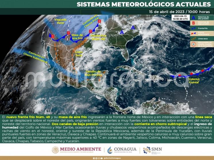  En los siguientes dos días se prevé que un frente frío (posible 49), actualmente desplazándose por el centro de los Estados Unidos ingrese al noroeste del Golfo de México en las primeras horas del domingo 16, y recorra Tamaulipas y Veracruz durante ese día y lunes 17, impulsado por una masa de aire polar, y asociado a una vaguada prefrontal. 