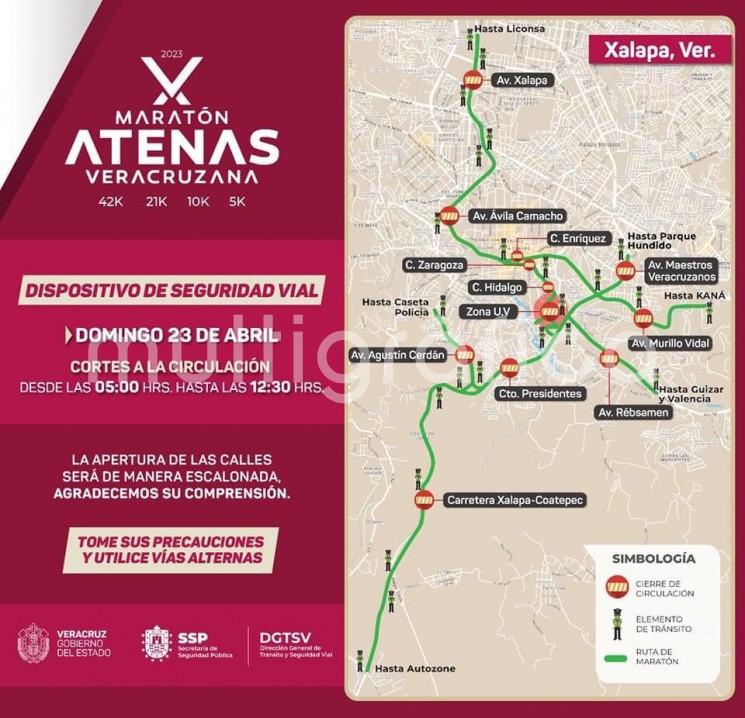  Por la realización del Maratón Atenas Veracruzana con rutas de 42K, 21K, 10K y 5K, este domingo se llevará a cabo un cierre parcial en distintas calles de la zona Centro y avenidas aledañas de la ciudad, de 5:00 a 12:00 horas. 

