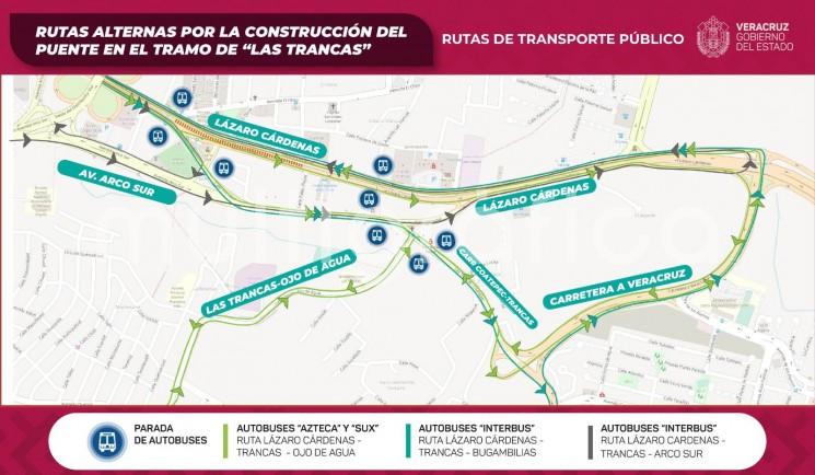 A partir del próximo domingo y hasta noviembre estarán disponibles cuatro rutas alternas de entrada y salida a la capital del estado, debido a la construcción del Paso Superior Vehicular Las Trancas, frente al módulo de la Fuerza Civil, como parte del Plan B de vialidad en Xalapa.