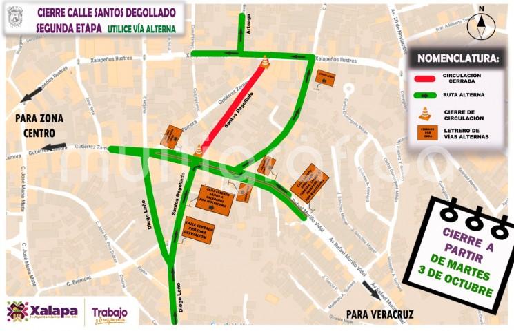 Para continuar con la segunda etapa de rehabilitación de losas de concreto hidráulico en la calle Santos Degollado, a partir del martes 3 de octubre se harán adecuaciones viales en la zona, por lo que se solicita a la población reprogramar sus tiempos de traslado para evitar contratiempos y tomar rutas alternas.